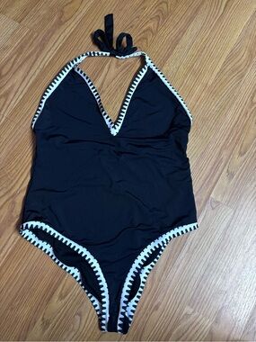 Women’s Size XL Black Halter One Piece Swimsuit with White Contrast Trim
